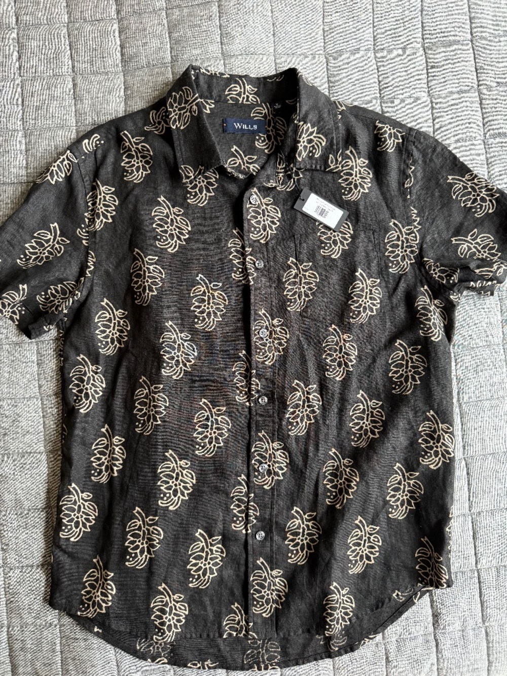 Wills Huckberry Short Sleeve Isles Linen Shirt - Black Block Print - Men's M